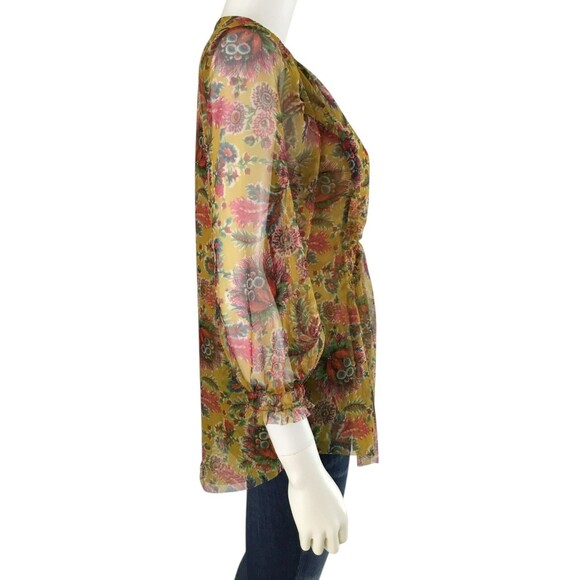 Anthropologie Sheer Mesh Babydoll Henley Top S Chartreuse Floral Balloon Sleeve - Picture 9 of 16